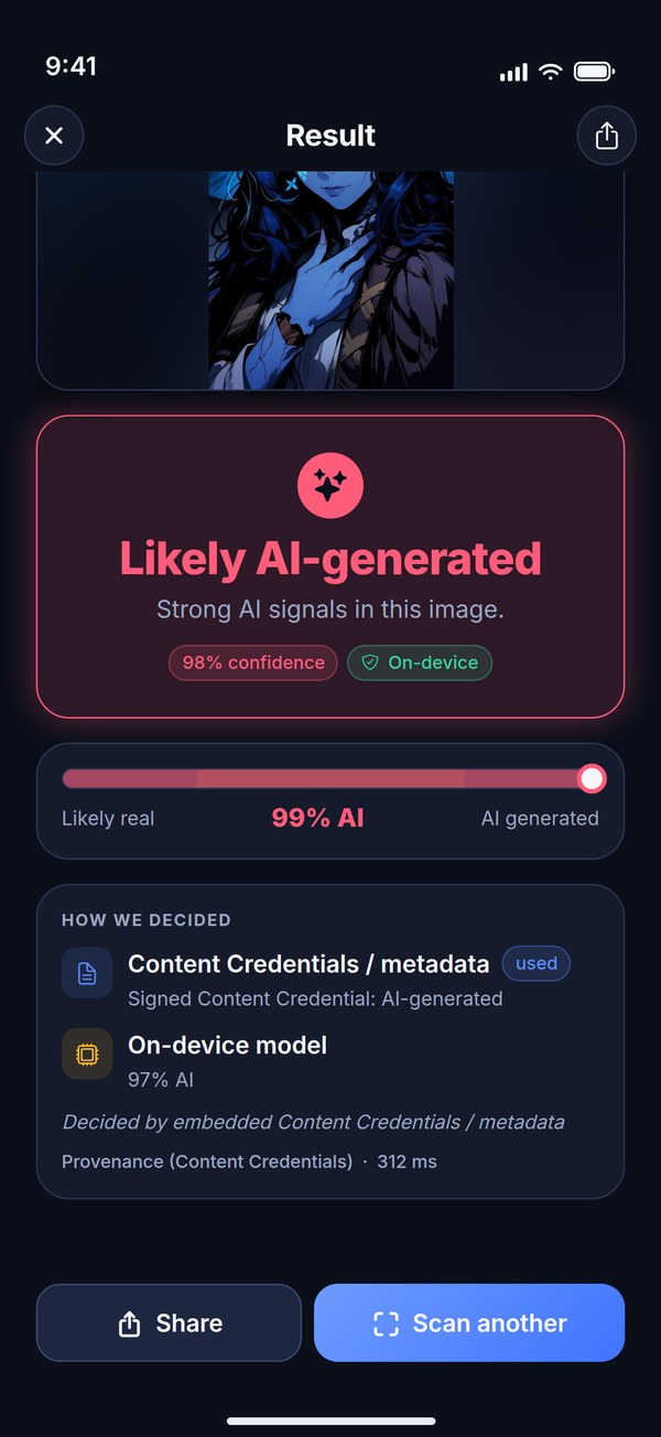 How we decided: Content Credentials / metadata — image metadata present, no AI claim; On-device model, used, 98% AI; decided by the on-device model, in 1799 ms
